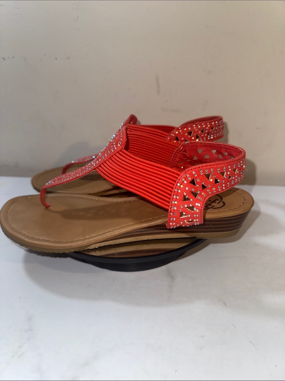 Daisy Fuentes Coral Elastic T-Strap Sandals with Rhinestone Accents - Women’s 7